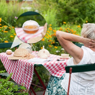 Trampa para avispas sobre mesa picnic jardín