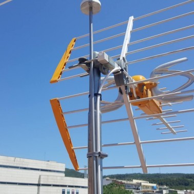 Installation of the Scarecrow for Antenna on the Roof of a House. Zoom on Mast Attachment